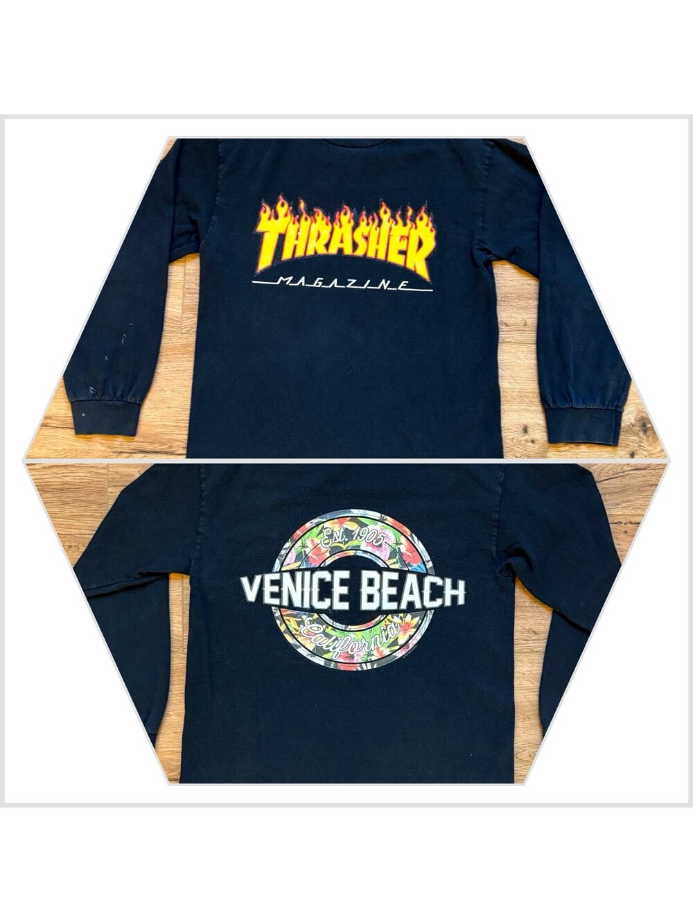 Thrasher Magazine Flames Logo Long Sleeve Tee Youth M Black Skate Double Sided